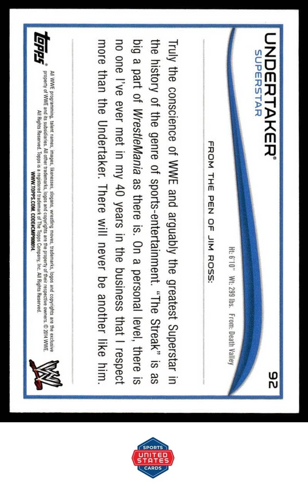 2014 Topps WWE #92 Undertaker - Image 2 of 2