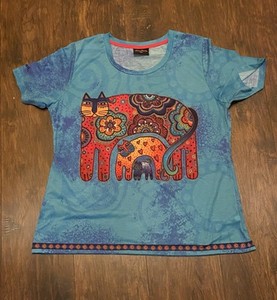 LAUREL BURCH T-Shirt Tee Top BLUE CAT Floral Kittens SIZE M Women