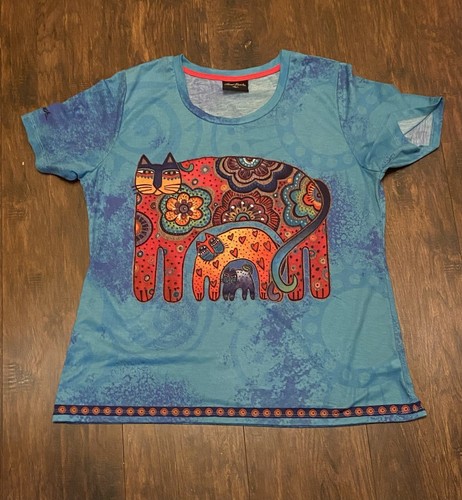  LAUREL BURCH T-Shirt Tee Top  BLUE CAT Floral Kittens SIZE M Women