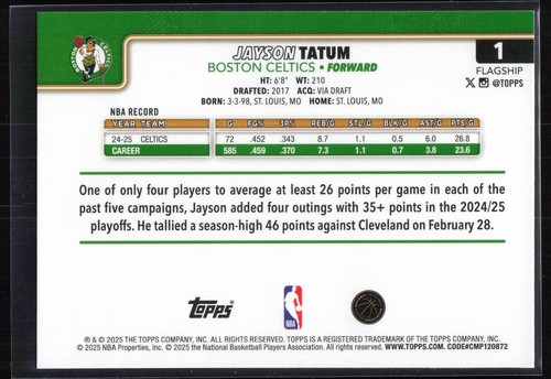Jayson Tatum 2025-26 Topps #1 Rainbow Foilboard Boston Celtics - Imagen 2 de 2