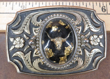 VTG Belt Buckle Skull Longhorn Cattle Bull Gold Flake cowboy rodeo