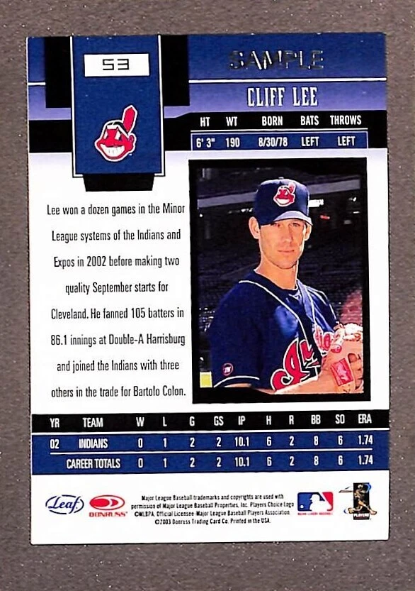 2003 Leaf Certified Materials Baseball #53 Cliff Lee RC Sample - Image 2 of 3