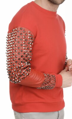 PHILLIP PLEIN ROTES SWEATSHIRT MIT NIETEN LEDEREINSÄTZE GRÖSSE LARGE