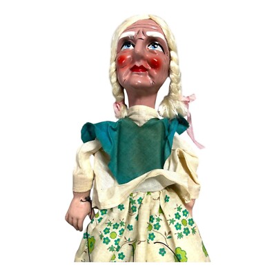 VTG Handmade Czech Marionette Puppet Grandma Blonde Grey Hair Braid Floral Dress