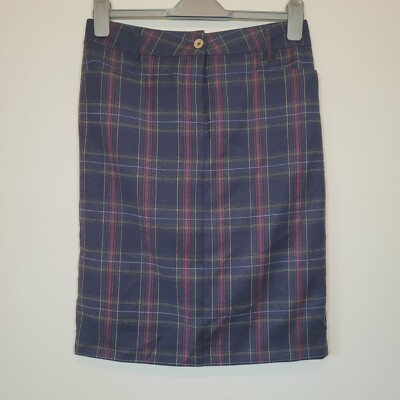 Peter Hahn Womens Blue Check Skirt Pencil Wool Blend Size 10