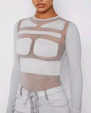 Maniere De Voir Women's Bodysuit Size 10 Mesh  Panels Gray NEW 7