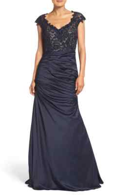 La Femme Navy Blue Embellished Lace & Satin Trumpet Gown Size 0 Orig $408