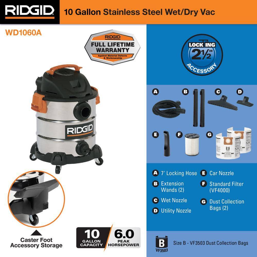 10 Gallon 6.0 Peak HP Stainless Steel Shop Vac Wet Dry Vacuum with