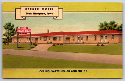New Hampton Iowa~Recker Motel~Hiways 63 & 18~1940s Linen Postcard