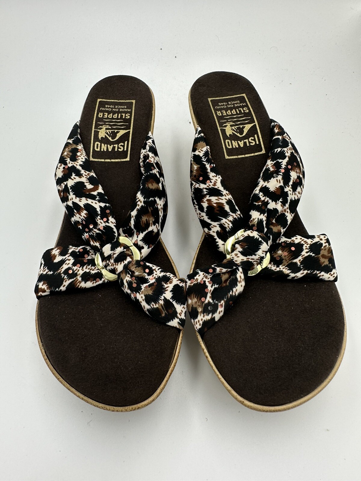 PANTOFOLA D’ORO Pantofola Island Perizoma da donna taglia 9 realizzato in stampa leopardata Oahu glitter oro