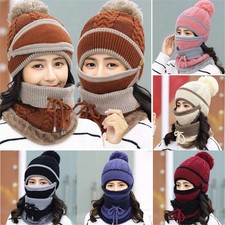 3pcs/Set Women Winter Warm Pom Hat Cap Mask Scarf Neck Thickened Plush Wool Knit