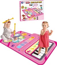 2 in 1 Musical Mat for Toddlers 1-3, Piano Keyboard  Drum Mat with 2 Drum Stick