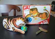 *ROLLING CAT Tin *-Wind-Up Toy Animal Cat W/ Ball  *New In Box*