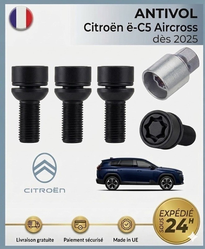 Antivols de roues noir haute sécurité Citroën ë-C5 Aircross boulon jante électrique