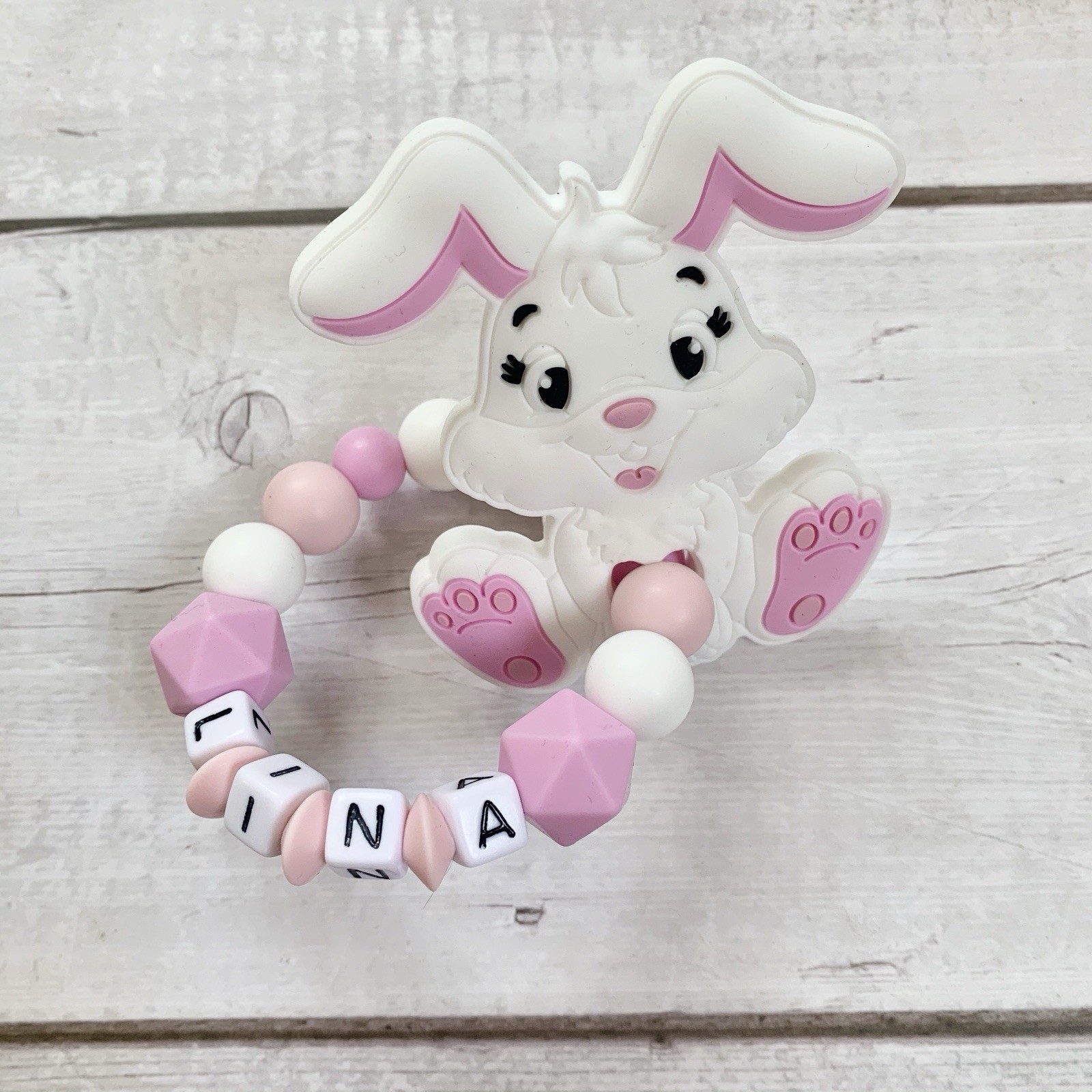 Beißring Greifring Greifling mit Namen personalisiert Rosa Silikon Hase Mädchen