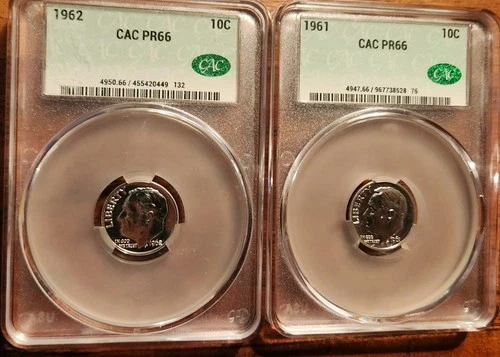 Lot of 2 1961 &1962 10C Roosevelt Dime CAC PR66 Silver Proof Coins