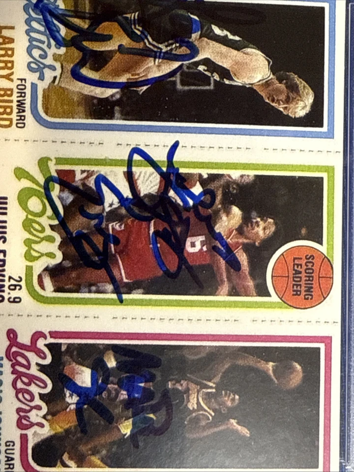 1980 Topps Reimpresión Bird/Erving/Magic Auténtico Triple Automático Certificado PSA/DNA Foto 3 de 4