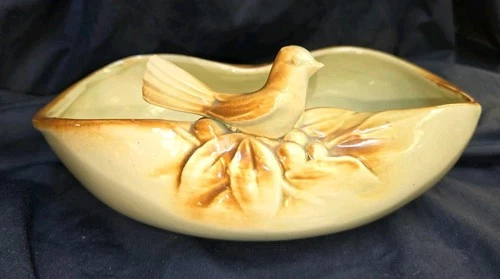 Vintage 1950s McCoy Pottery Bowl with Bird on Branch – Pale Green Yellow