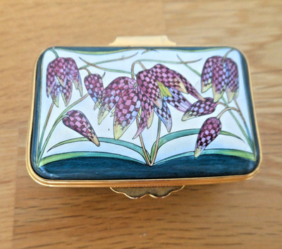 Moorcroft Emaille längliche Schmuckschatulle Schlangenkopf Fritillerie Blumenmuster