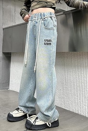 Rolanko Girls Wide Leg Denim Pants Elastic Waist Baggy Jeans for Kids, 13-14 Yrs - Picture 6 of 7