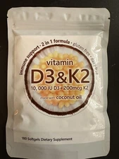 Vitamin D3 10000 iu Plus K2  200 mcg, 180 Virgin Coconut Oil Softgels