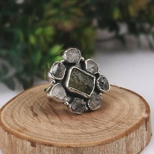 Raw Herkimer and Czech Moldavite Ring Silver Oxidized Statement Boho Rings