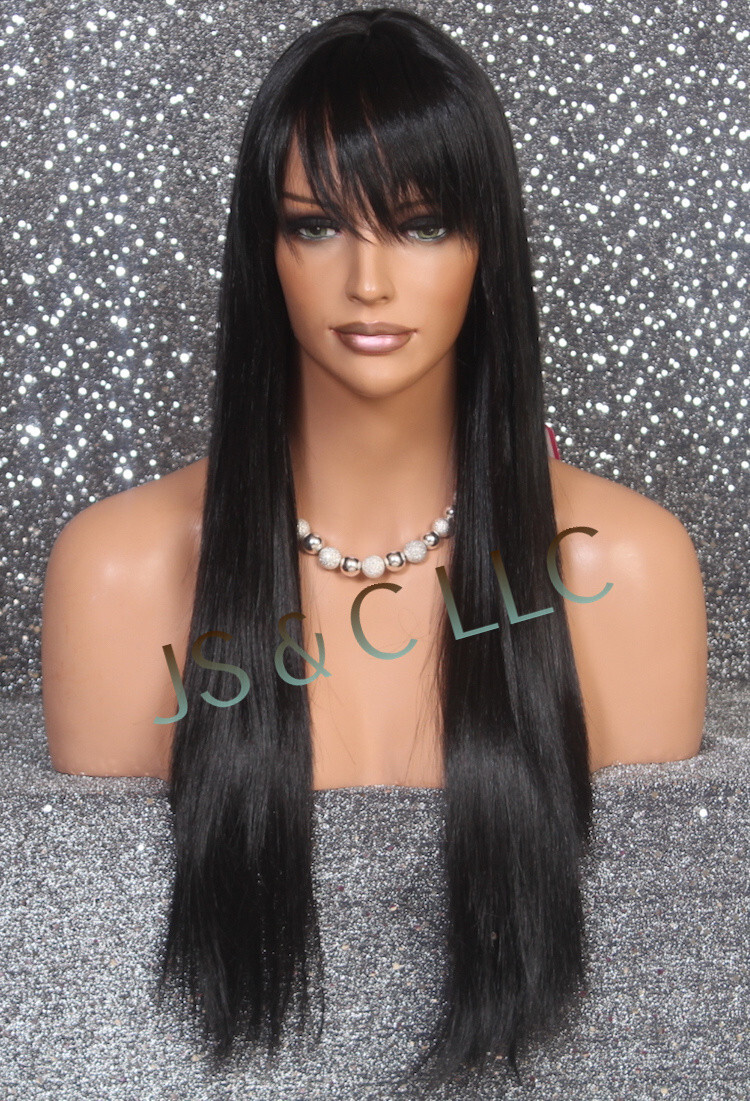 Extra Long Silky Straight Center part Bangs jet Black razor cut