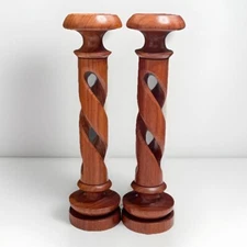 Vintage Pair wood twisted spiral candle holder felt bottom 11.25” MCM Set 2