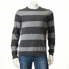 Men's Sonoma Cotton Sweater Wide Gray Stripes Crew Neck: size medium