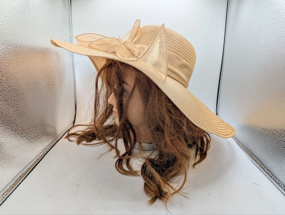 De Colección Ellen Tracy Sombrero para el Sol Ala Muy Ancha Bronceado Lazo Tul Verano Boda Red ON14 Foto 4 de 4