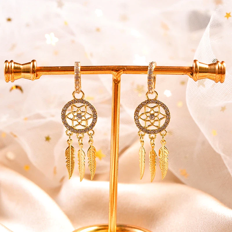 Women's Fashion Jewelry Gold Feather Dream Catcher Boho Drop Earrings 1-172 - Image 4 of 4