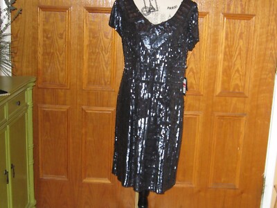Adrianna Papell Short Sleeve Black Sequin / Beaded Cocktail Evening dress |  eBay