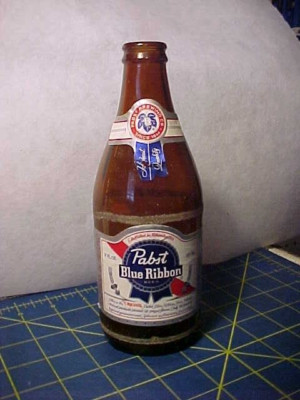 USED PABST BLUE RIBBON 12 OUNCE SHORT RETURNABLE GLASS BOTTLE!  PBR  7.5'' TALL