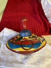 Kids Outdoor Play Antique Spinning Top VTG Tin Toy Wood Handle Ohio Art Metal