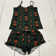 Dark Green Graphic Print 2 Piece Tank Top & Shorts Pajama Set Women's Size M NEW