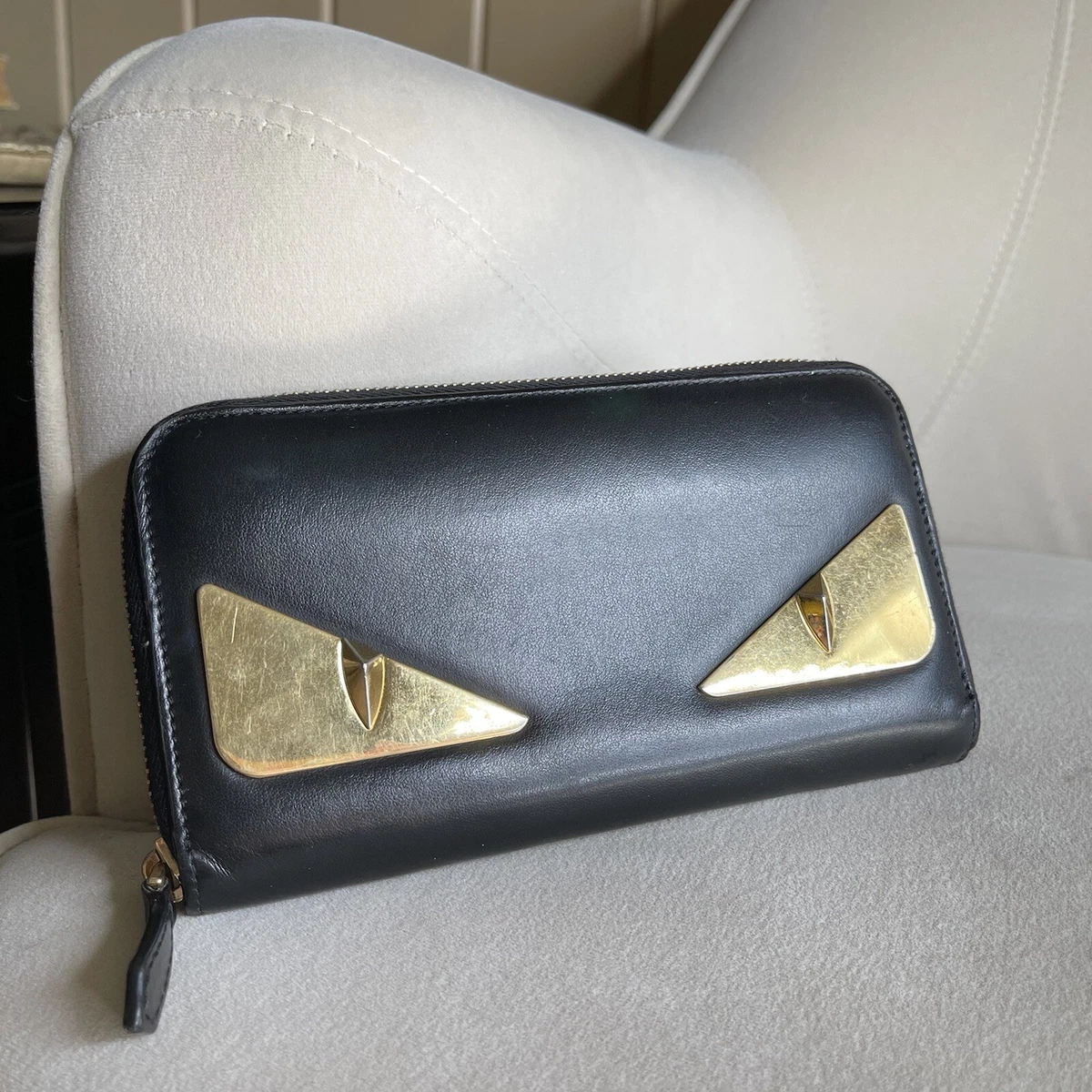 FENDI Monster Eyes Continental Smooth Leather Wallet Black Zip