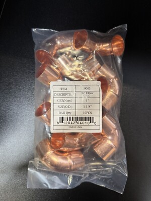 Copper Pipe Fittings 90 Degree Elbow 1'' Inch - Lot/bag of 10