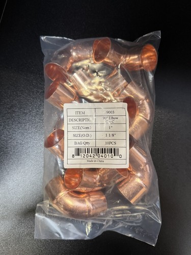 Copper Pipe Fittings 90 Degree Elbow 1" Inch - Lot/bag of 10