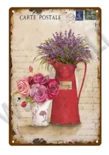 Vintage Metal Sign French Country Floral  Carte Postale Lavender 8 x 12
