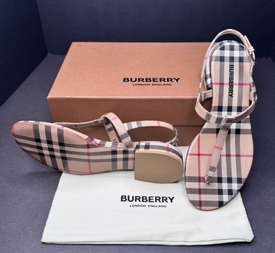 Burberry Emily Checked Women's Beige Slingback Low Heeled Sandals w/Dust Bag/Tag