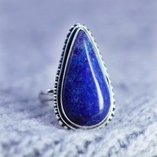 Size 8, Sterling 925 silver handmade ring with teardrop lapis lazuli and beads