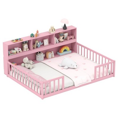 Full Size Montessori Floor Bed w/ Bookcase Storage Shelves & Safety Fence Rails