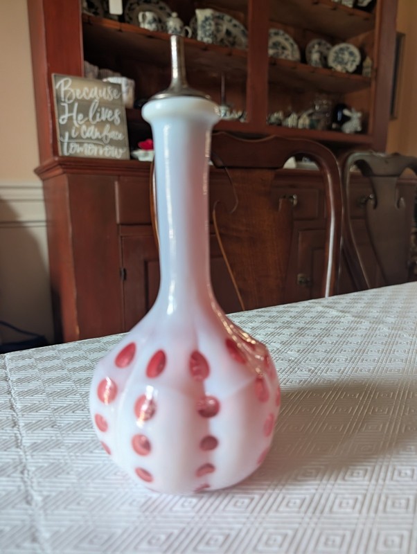 Fenton Cranberry Opalescent Coin Dot Barber Bottle