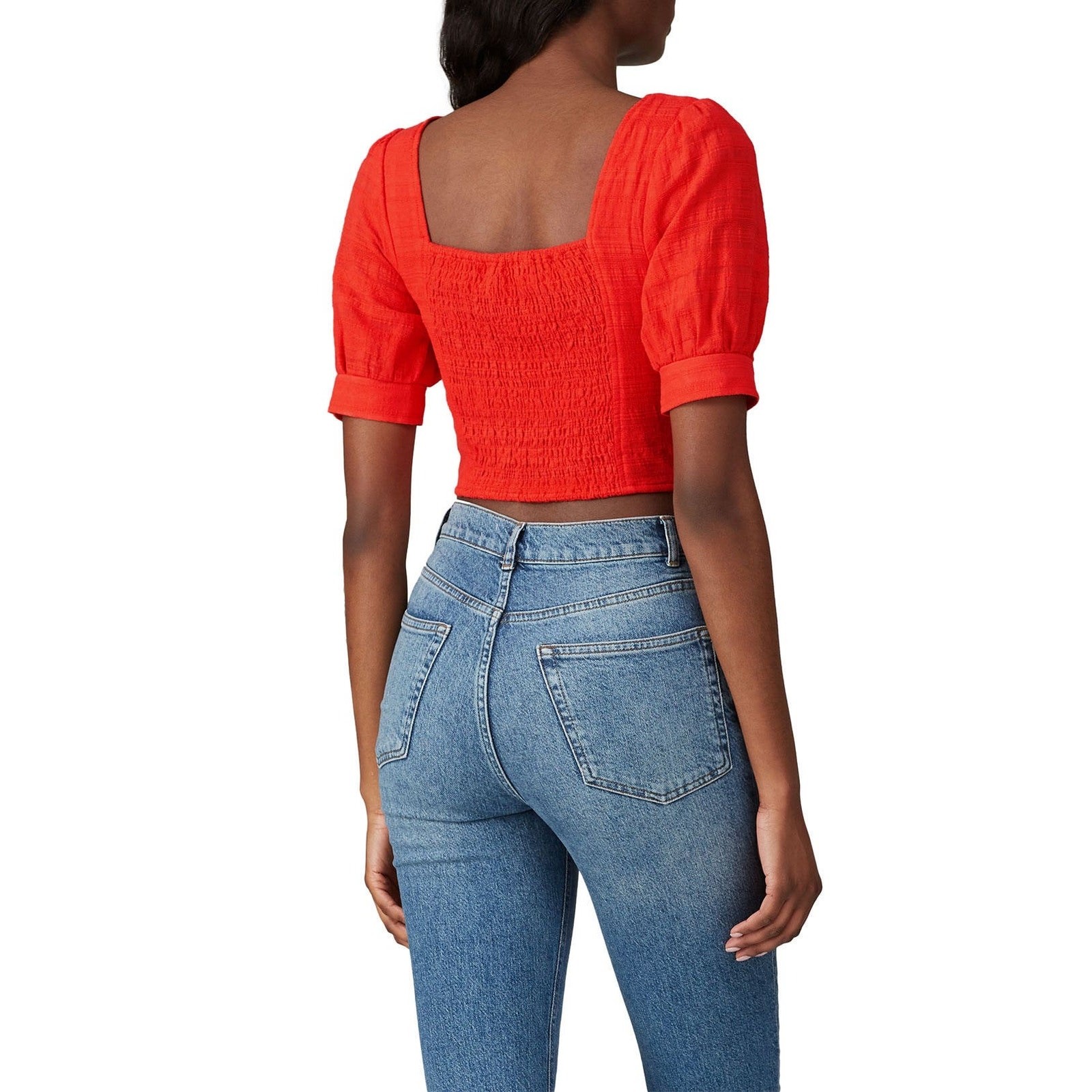 LOVE WHIT BY WHITNEY PORT Red Puff Sleeve Square Neckline Front Button Crop L 