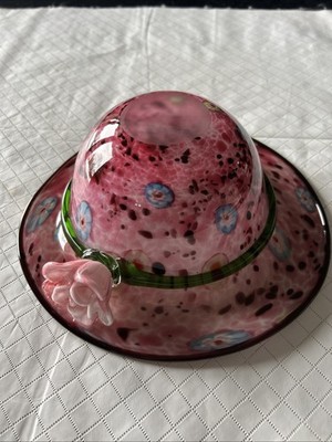 Block Glass Crystal Hand Blown Hat Style Candy Dish Bowl Pink