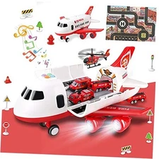  Airplane Toy with Fire Truck Cars and Play Mat,Plane with Lights and Sounds 