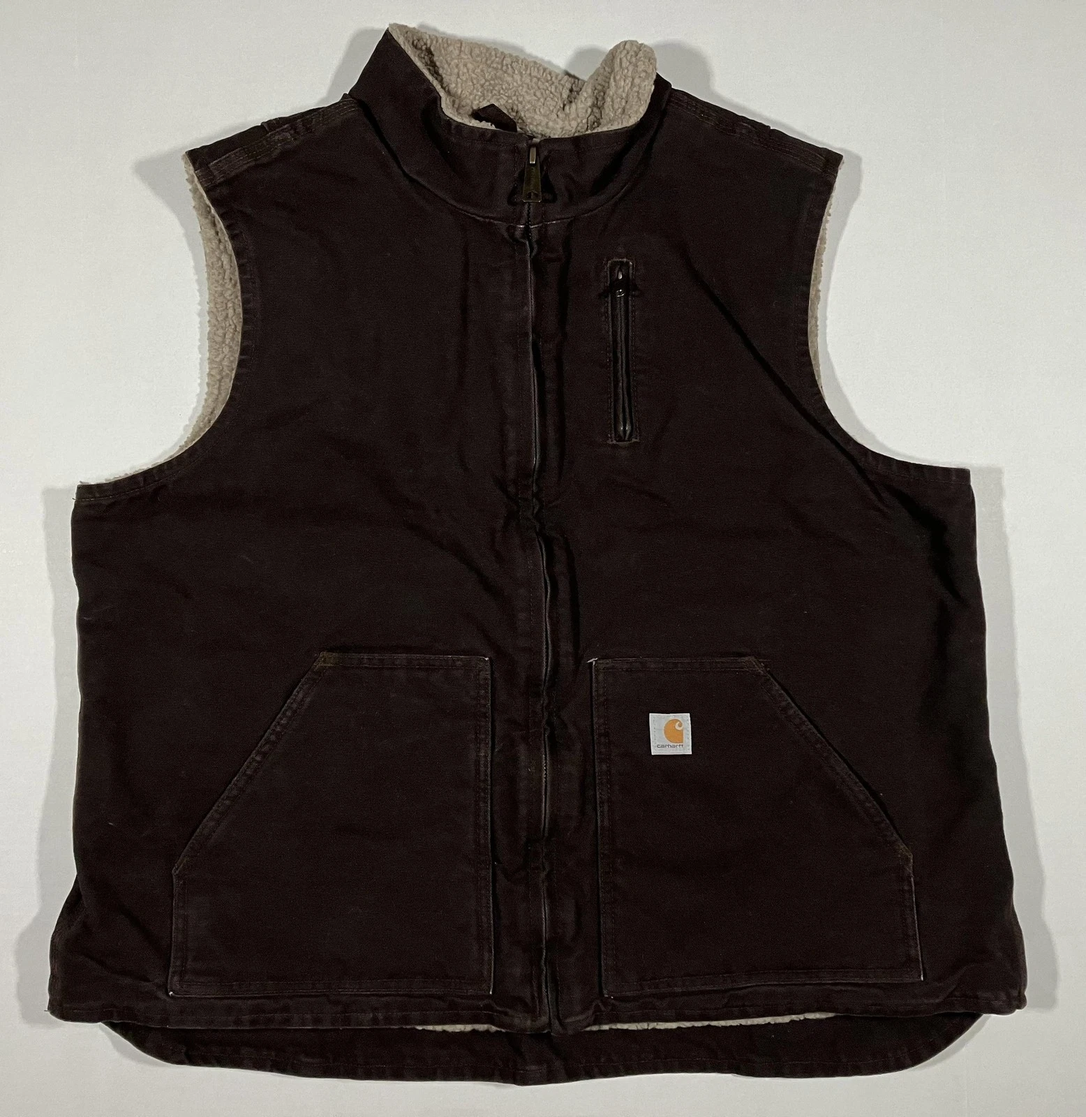 Carhartt Sherpa Vest Mens 2XL Brown Lined Full Zip Canvas Workwear Outdoors