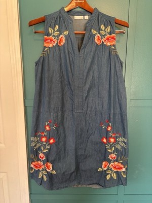 Westport 1962 Cotton Denim Dress with Red Floral Embroidery Size 12