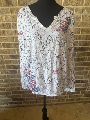  CECIL White Printed Tunika Blouse red white blue long sleeve size medium casual