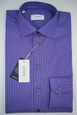 Men ETON Shirt Purple  Blue Striped Contemporary Grey Button Size 41 16